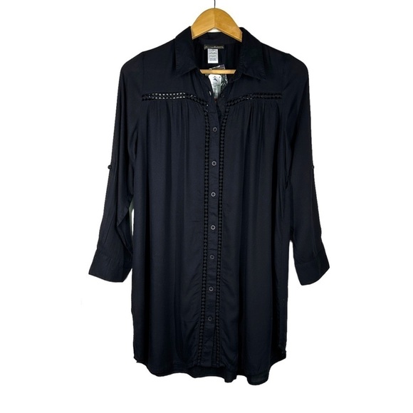 Tommy Bahama Lace Shirred Boyfriend Shirt Black Relaxed Fit Button Up XS - Picture 4 of 10